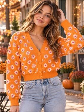 Orange Daisy Floral Cropped Cardigan |Small| 70’s Indie Artsy Retro Y2K Fall